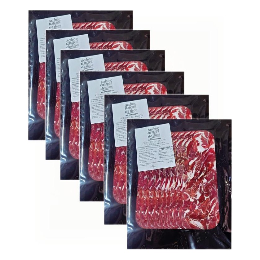 Los 6 sobres de 150 g de Pétalos de Jamón Ibérico Sabor Ángel de Dios, Etiqueta Negra, envasados al vacío